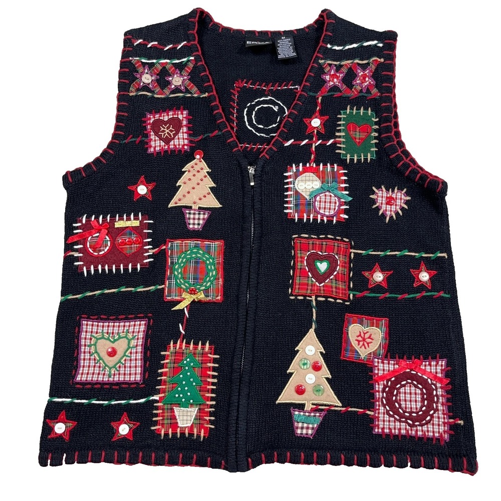 Vintage Christmas Sweater Vest Women Medium Black Knit Full Zip Grandma Tree Y2K